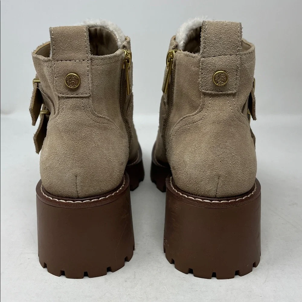 VINCE CAMUTO Destonny Cozy Buckle Booties Tan Suede and Sherpa Side Zip Sz 6 new